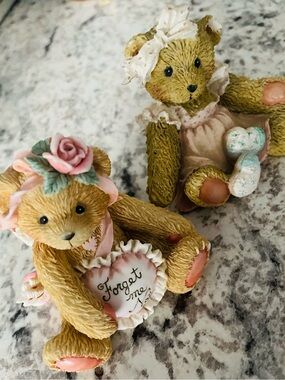 Enesco Tan and Pink Porcelain Teddy Bear Figurine Pair